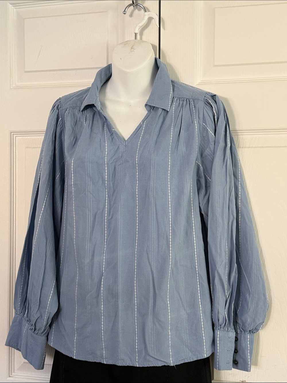 Light Blue Long-Sleeve V-Neck Collared Blouse